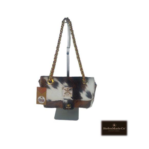 Genuine Charlie Leather "Giuliana" Black/White/Brown Fur Leather Handbag-NWT - Picture 11 of 12